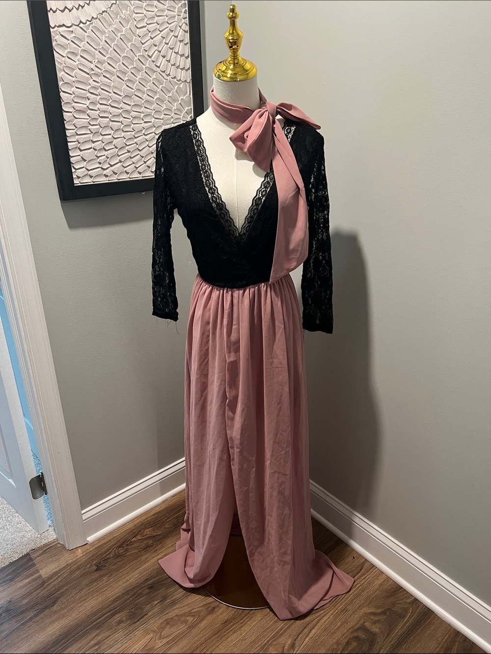Elegant Black Lace & Dusty Rose Maxi Dress with Neck Tie